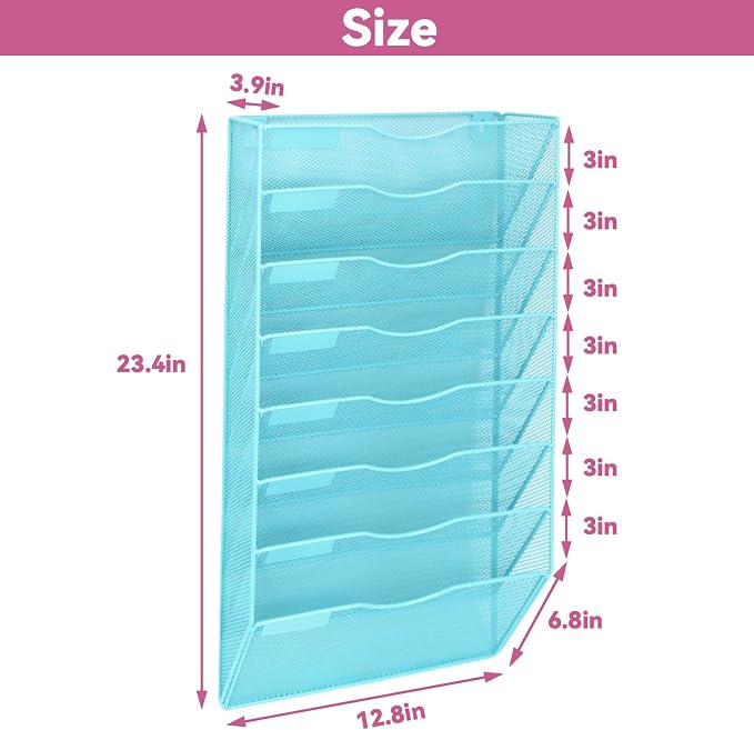 8 Pockets Mesh Wall File Holder Organizer Office Hanging File Folder Magazine Rack, Nametag Label Hooks Set Included (Blue) - Image 2
