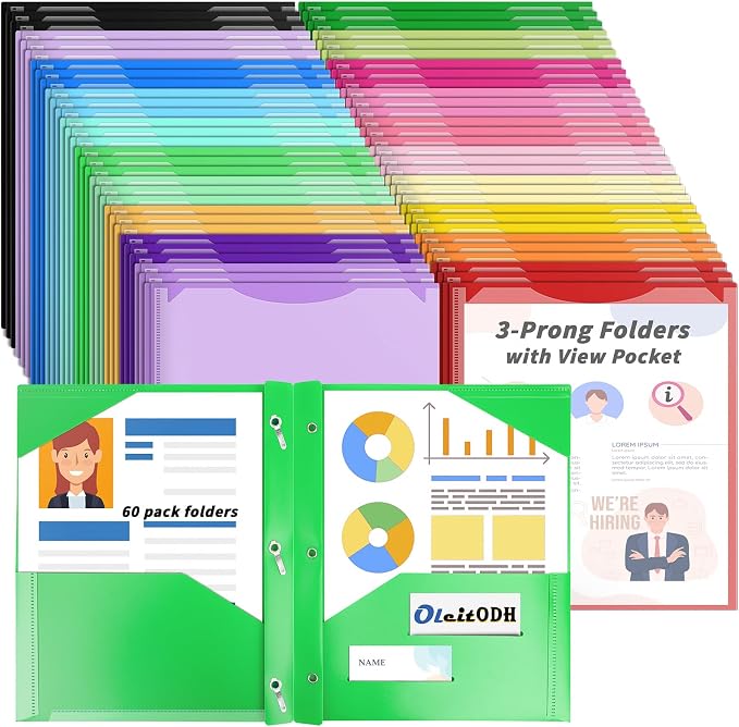 Oleitodh Plastic Folders with Pockets - 60 Pack 20 Colors & 2 Pocket Folder Bulk with 2 Business Card Slots, Heavy Duty File Folders for School Home Office and Business by Oleitodh