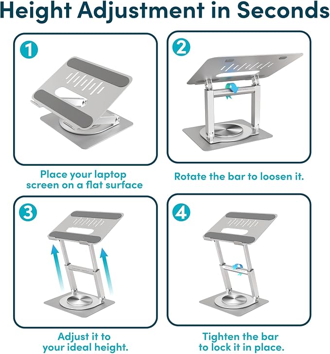 Lifelong 360 Rotating Adjustable Laptop Stand, 16" Tall Riser - Silver | Ergonomic Computer Stand with Swivel Base for 10-17" MacBook Pro & All Laptops- Portable Standing Desk Converter - Image 8