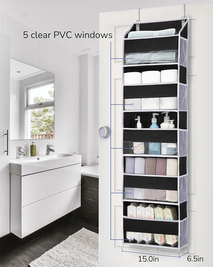 ULG 1 Pack Over The Door Organizer – 5 Shelf Door Organizer Hanging & 10 Side Pockets, Reinforced 44LB Capacity Hanging Organizer, Behind The Door Storage for Bedroom, Nursery, Pantry (Black) - Image 2