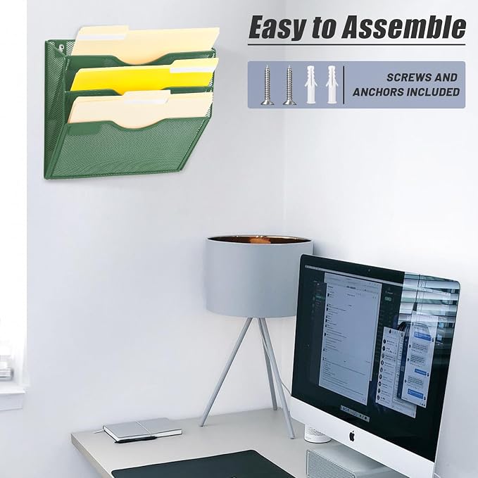 3 Pocket Mesh Hanging Wall File Organizer, Wall Mounted Mail Paper Document Folder Holder, Clipboard Storage Organization Magazine Rack with Nametag Label for Office Home School, Dark Green - Image 5