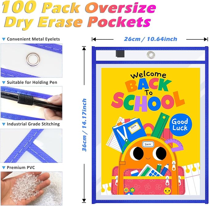 Oleitodh 100 Packs Oversized Reusable Dry Erase Pocket Sleeves with 6 Rings, 20 Assorted Colors 10x14 Ticket Holders, Clear Plastic Sheet Protectors, Teacher School Classroom Supplies - Image 2