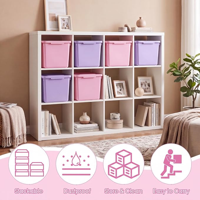 Potchen 6 Pack Small Stackable Storage Bins with Lids Plastic Storage Boxes for Classroom 9.8" ×7.3" ×5.7" Decorative Organizer Bins for Craft Art Office Teacher Supplies (Pink,Purple) - Image 5