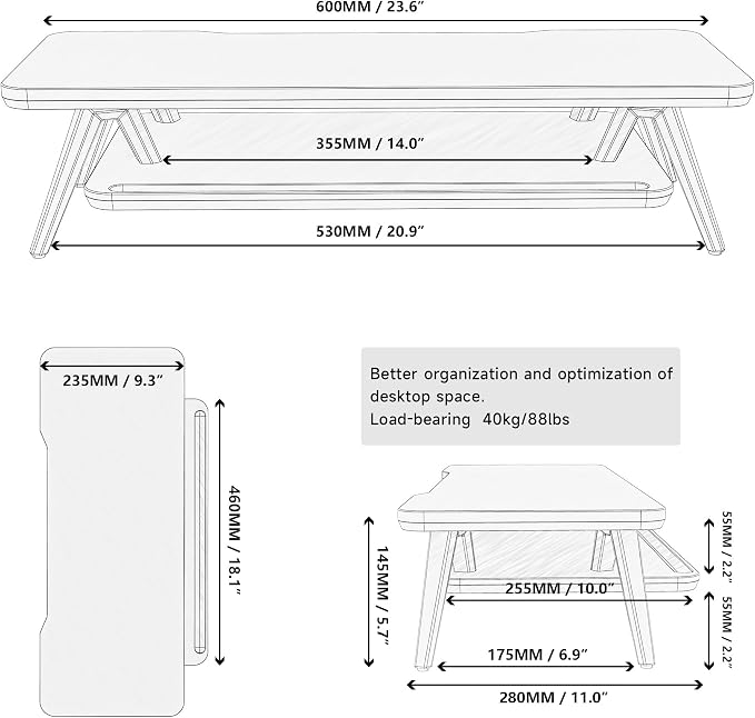 Fenge Monitor Stand Riser, Wooden Desk Shelf with 2-Tier Storage | 23.6-Inch Wide, Sturdy Aluminum Legs, Built-In Phone & Tablet Slot, Desktop Organizer for Office Accessories - Image 4