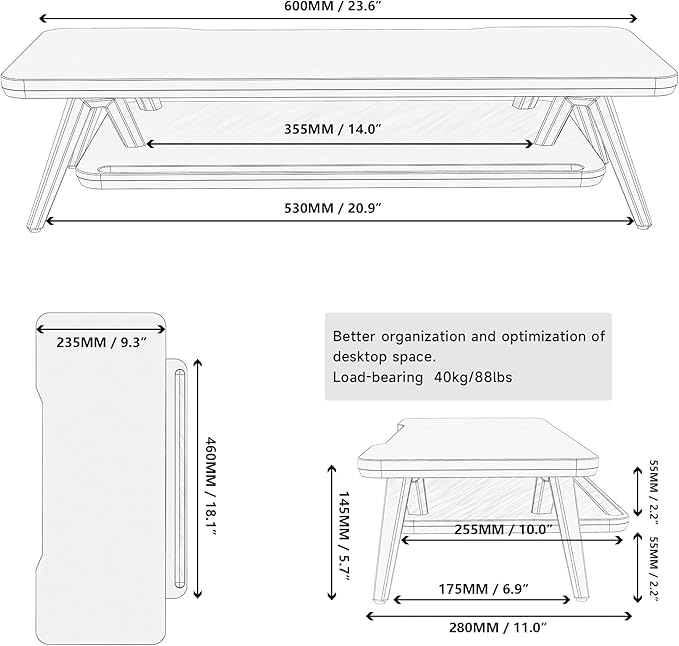 Fenge Monitor Stand Riser, Wooden Desk Shelf with 2-Tier Storage | 23.6-Inch Wide, Sturdy Aluminum Legs, Built-In Phone & Tablet Slot, Desktop Organizer for Office Accessories - Image 4