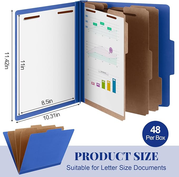 Skyygemm 48 Pcs Classification Folder Letter Size, 3 Divider File,Dark Blue | Back to School Supplies, Pressboard File with Fastener, Expanding Organizer Bulk for School Teacher, Office Employee, Staff - Image 2