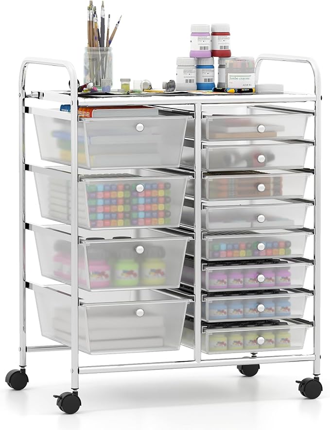 Giantex 12 Drawer Rolling Cart with Drawers, Storage Organizer Cart for Classroom Office School Teacher, Mobile Drawer Cart for Tools, Crafts, Small Printer, Clear by Giantex