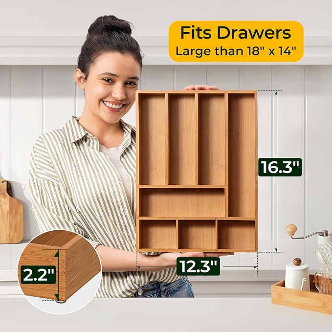 Carbonized Bamboo Kitchen Drawer Organizer, 8 Slots Silverware Organizer, Utensil Holder & Cutlery Tray, 2.2" Deep for Extra Capacity, Non-Slip Feet Included - Image 4