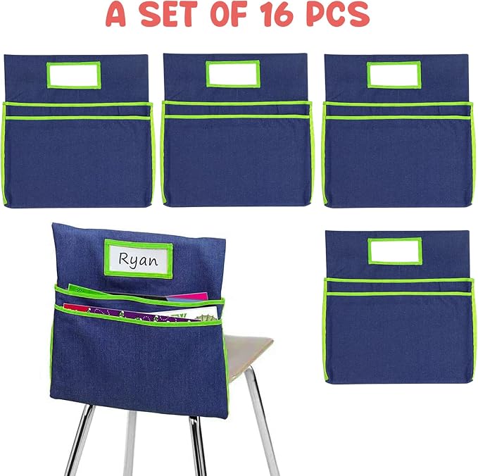 Auchq 16PCS Chairback Buddy Pockets Chart with 2 Heavy Duty Storage Pocket,School Supplies Chair Back,Standard Denim Storage Organizer for Classroom Chair (Green) - Image 2