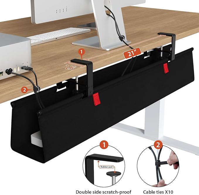 Univivi No Drill Under Desk Cable Management Tray, 36 inch Cable Management | Clamp/Screw Mount Desk Cable Management, Premium Fabric Cable Management Tray, Large Capacity Cord Organizer for Office, Home - Image 3