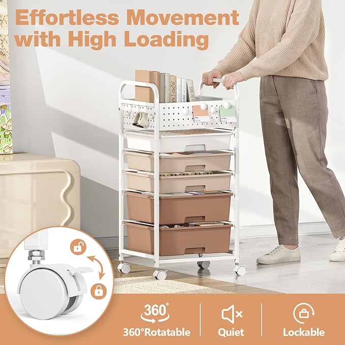 5 Drawer Rolling Storage Cart with Pegboard Top and Hooks, Brown | Mobile Organizer Cart with Wheels for Office Supplies, Craft Storage, Classroom Organization, Home Utility Cart - Image 8
