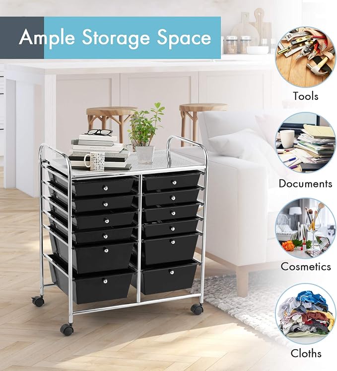 GOFLAME 12-Drawer Rolling Storage Cart, Multipurpose Organizer Cart with 2 Sizes Plastic Drawers, Mobile Utility Cart with Lockable Casters for School, Home Office, Beauty Salon, Black - Image 4