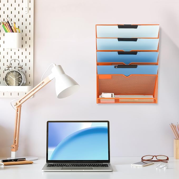 6 Tier Mesh Hanging Wall File Organizer, Desk Vertical Mail Paper Document Folder Holder Rack with Bottom Tray and Nametag Label for Office Home School, Orange - Image 6
