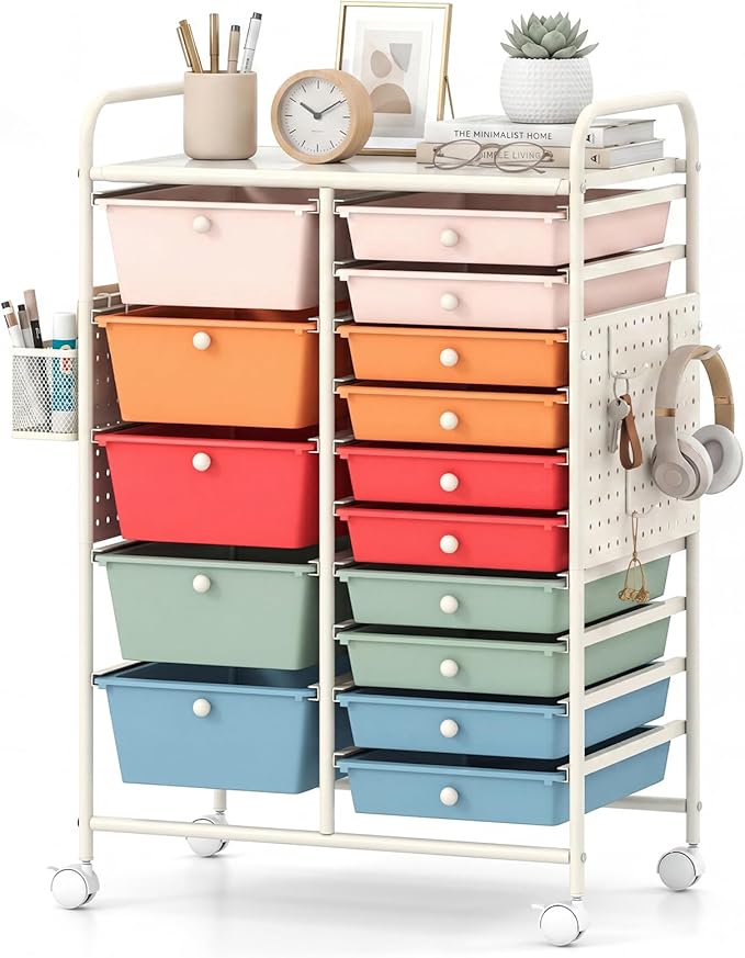 GOFLAME 15-Drawer Rolling Storage Cart with Pegboard, Craft Storage Cart with Lockable Wheels and Metal Frame, Art Cart Supply Storage Organizer for Home Office Classroom, Macaron Color by GOFLAME
