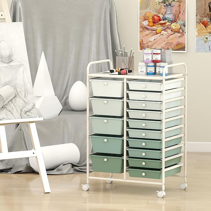 DORTALA 15-Drawer Rolling Storage Cart with Drawers, Rolling Utility Cart w/Removable Drawers & Universal Wheels, Tools Scrapbook Paper Organizer for School, Office, Home, Classroom (Gradient Green) - Image 7