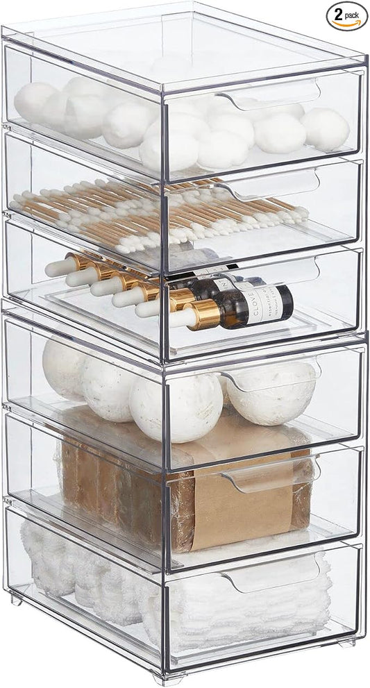 mDesign Plastic Stackable Organizer with 3 Drawers - Pull-Out Drawer Storage Bin for Bathroom Sink/Cabinet Organization - Perfect for Makeup, Small Towels, and More - Lumiere Collection, 2 Pack, Clear by mDesign