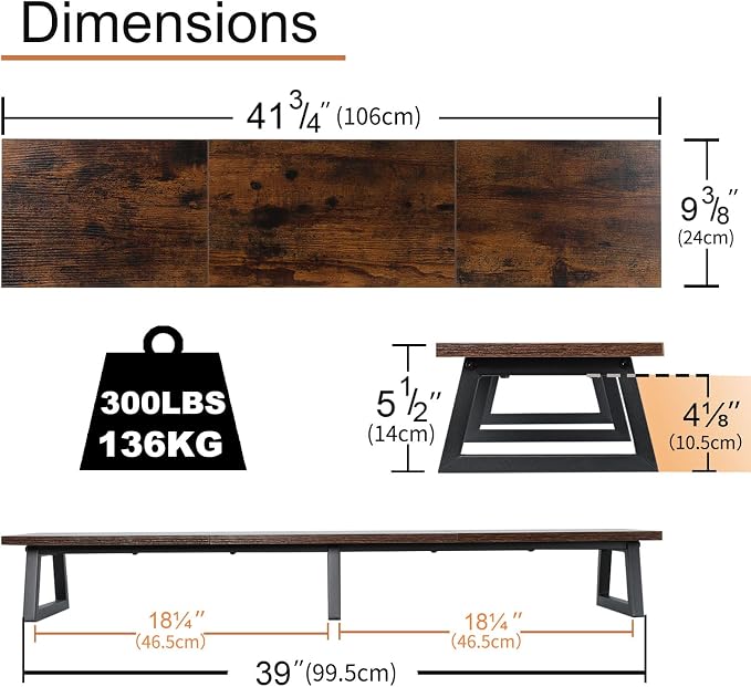 TEAMIX 42 inch Large Dual Monitor Stand Riser,TV Riser,Desk Shelf Organizer | Extra Long Computer Stand, Wood & Steel, Holds 300lbs, Keyboard/PS5/Soundbar Storage Underneath, For Home Office & Gaming - Image 5