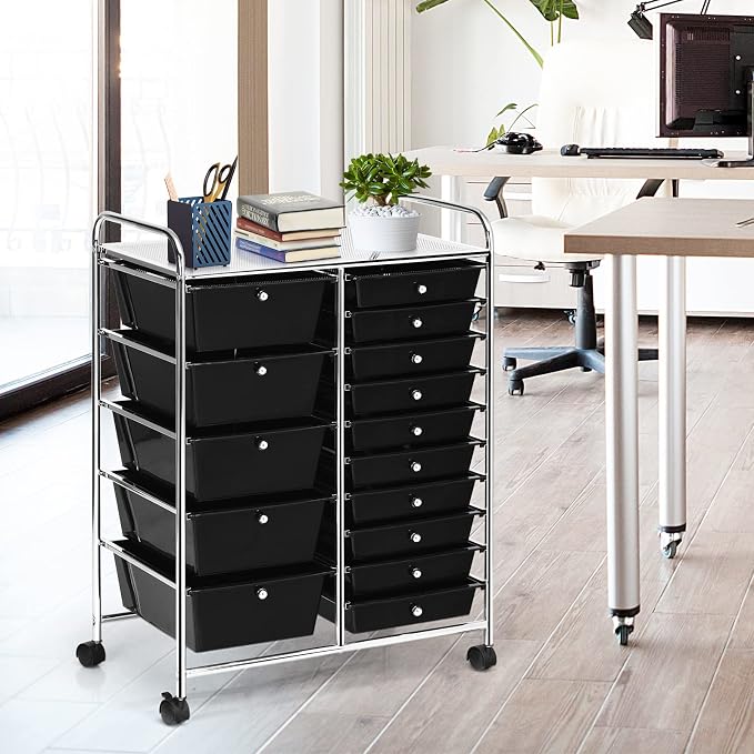 COSTWAY 15 Drawer Rolling Storage Cart, Mobile Storage Organizer | Removable Drawers & Metal Frame, Multipurpose Utility Tools Paper Organizer on Wheels for Home, Office (Black) - Image 2