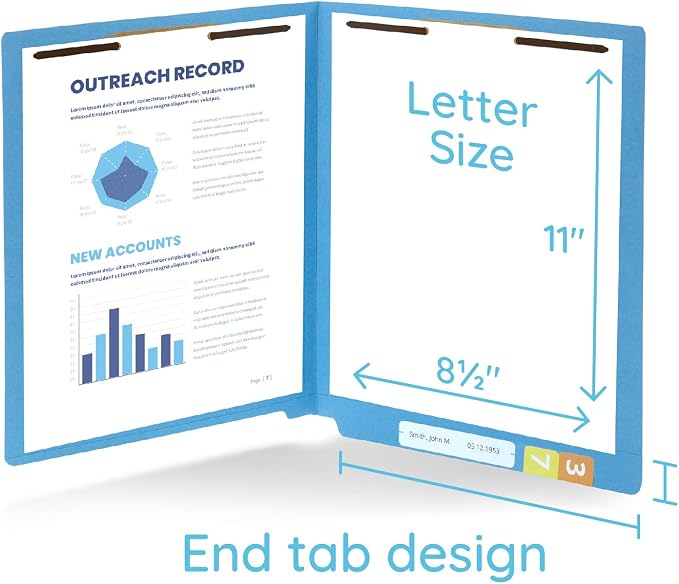 Blue Summit Supplies 50 End Tab Fastener File Folders, Blue | Reinforced end tab, letter size, 11pt, 2 prong bonded fasteners, for medical files, reports, and office records - Image 2