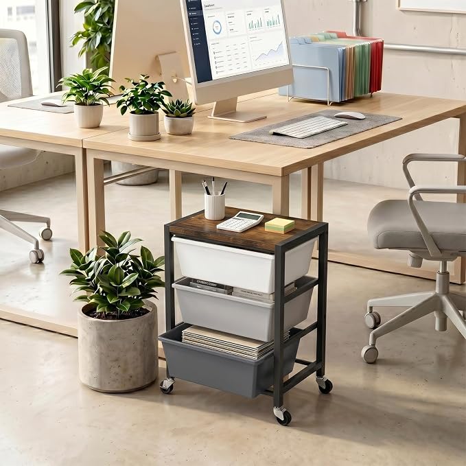 Rolling Cart with 3 Drawers, Plastic Drawer Storage Carts with Lockable Wheels & Wooden Tabletop, Metal Art Craft Utility Cart Organizer for Home Office Bedroom Dorm Bedside Classroom, Dark Gray - Image 2