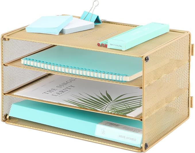 Paper Organizer Tray, 3 Tier Mesh Desk File Organizer Letter Sorter Holder for Home Office, Gold by EASEPRES