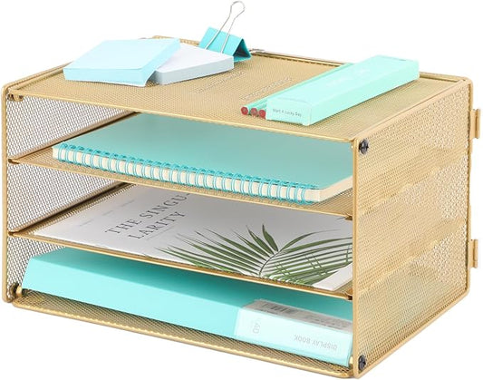 Paper Organizer Tray, 3 Tier Mesh Desk File Organizer Letter Sorter Holder for Home Office, Gold by EASEPRES