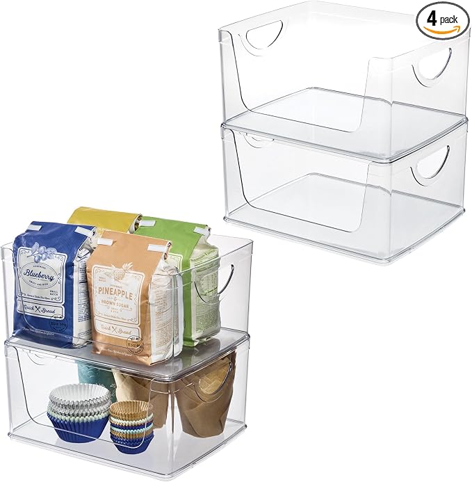 iDesign Stackable Open-Front Storage Bins with Handles, Set of 4, Clear | For Kitchen and Pantry by iDesign