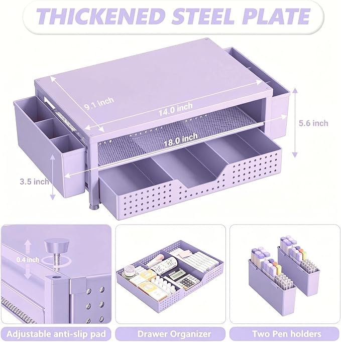 Desk Organizers and Accessories, Computer Monitor Stand Riser with Drawer and 2 Pen Holders, Printer & Laptop Stand, Office Desk Accessories & Workspace Organizers for Home Office Supplies, Purple - Image 7