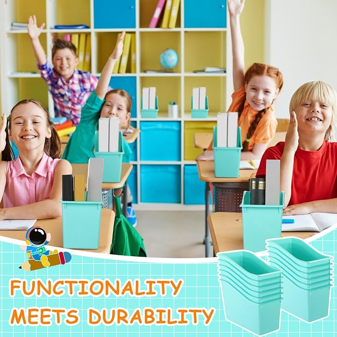 12 Pcs Book Bins for Classroom Plastic Binder Holder Magazine Stuff Folder File Organizer Box for Home Office School Supplies (Water Blue) - Image 2