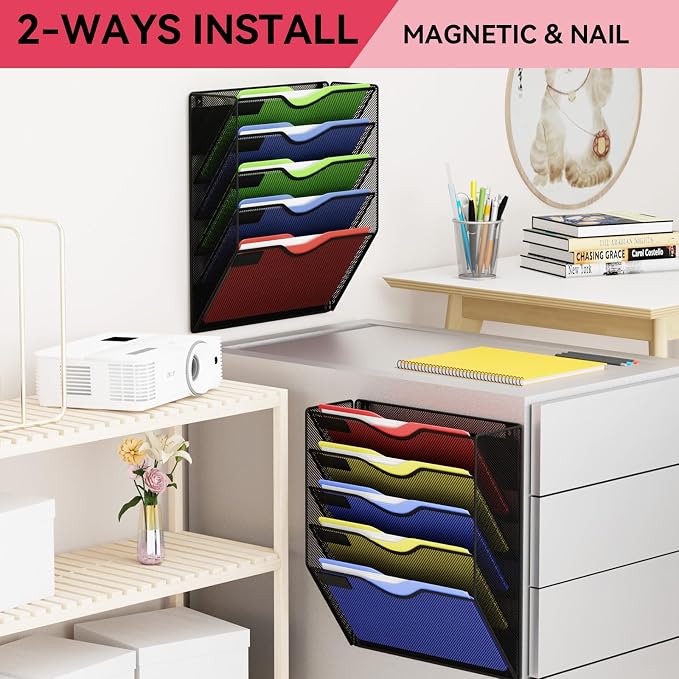 5-Tier Magnetic File Holder, No Drilling Wall File Organizer, File Folder Bins, Mail & Magazine Rack, Magnetic Paper Document Holder for Refrigerator File Cabinets Whiteboard, Black - Image 7