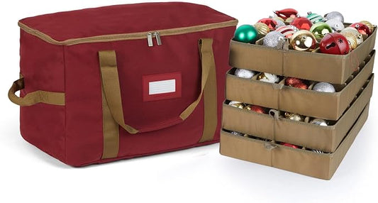 Covermates Keepsakes Adjustable Ornament Storage Bag – Heavy-Duty Polyester, Padded Dividers & FlexGrid Trays – Protective Holiday Ornament Organizer with Handles & Label Window, Red by Covermates