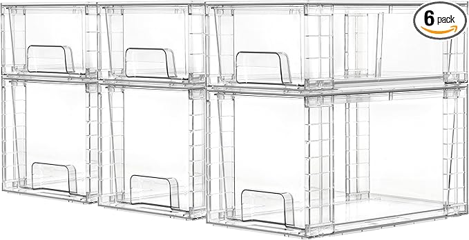 Vtopmart 6 Pack Clear Stackable Storage Drawers,Easy to Assemble Bathroom Organizers and Storage with handles,Plastic Drawers for Kitchen Pantry,Cabinet,Under Sink Organization by Vtopmart