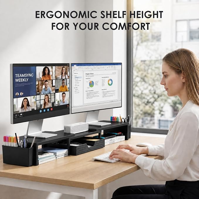 Desk Organizers and Accessories, Dual Monitor Stand Riser with Drawer and 2 Pen Holders, Desk Shelf Computer Racks for Office Workspace Organizers, Desktop Organization (Black) - Image 3