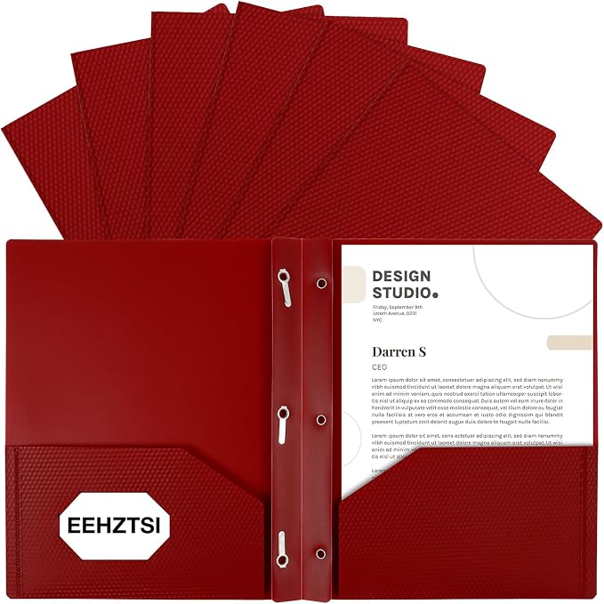 12-Pack Plastic Folders with Pockets and Prongs, 2-Pocket Folders with 3 Fasteners, Holds 8-1/2" x 11" Paper for School/Office/Home by EEHZTSIOFFICE