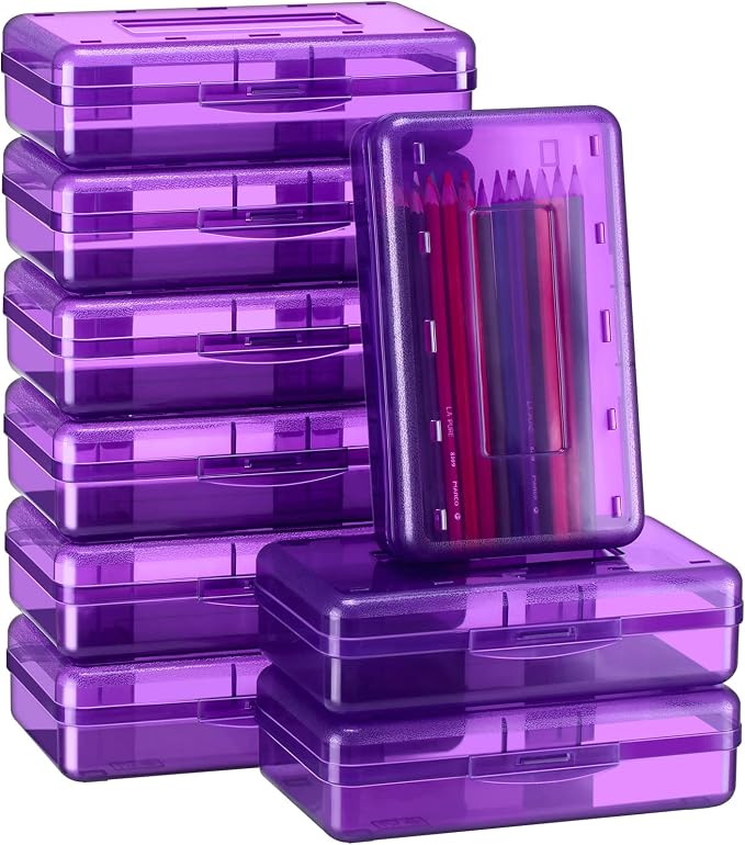 Fainne 24 Pack Pencil Boxes for School Clear Plastic Pencil Case Large Plastic Crayon Box Bulk Stackable Classroom Stationery Organizer School Supplies(Purple) by Fainne