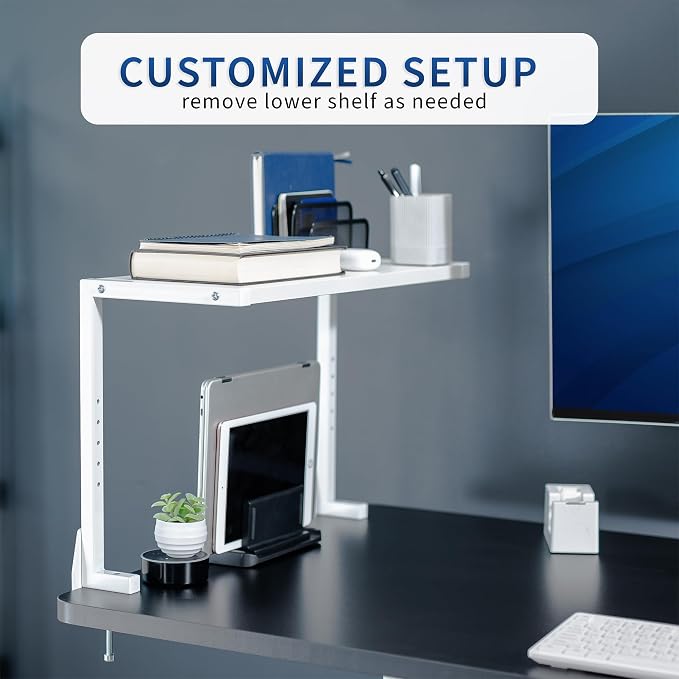 VIVO White Clamp-on 24 inch 2-Tier Desk Shelf, STAND-SHELF24C-W | Above or Below Desk, 2 Level Shelving Unit for Table Accessories, Gaming Devices, and More, Storage Tray, Desktop Organizer - Image 7