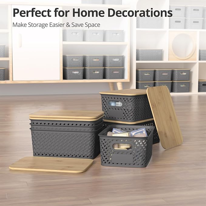 Plastic Storage Bins with Bamboo Lids, Stackable Small Box Baskets for Organizing and Containers for Shelves Drawers Desktop Closet Pantry Classroom Office Home, 6 Pack 10.2x7.2x4.1 Inch, Gray - Image 7