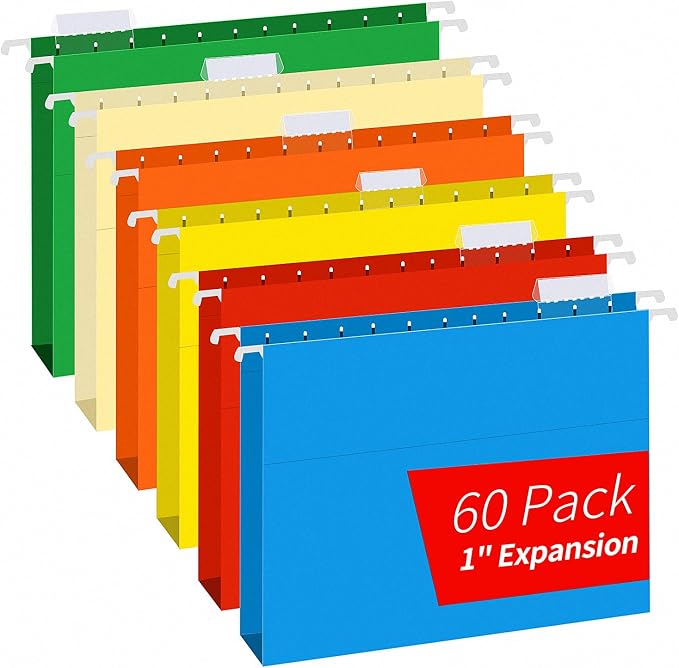 Extra Capacity Hanging File Folders, RAZCC 60 Pack Letter Size Reinforced Hanging Folders with Heavy Duty 1 Inch Expansion for Bulky Files, Filing Cabinet, Adjustable Tabs, Assorted Colors by RAZCC
