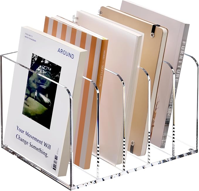 YUXUN Acrylic Magazine Holder,Clear Desk Organizer Vertical File Sorter Holder Stand for Notebook,Paper,Envelope,Magazine, Book Storage-Office/Home/Classroom Organization (5 Compartments,B5) by AcrylicBusinessCardHold