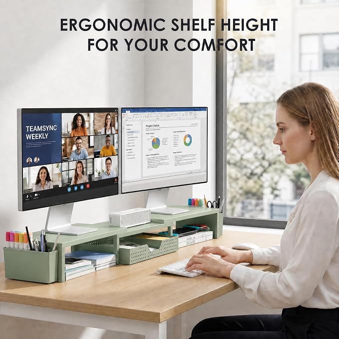 Desk Organizers and Accessories, Dual Monitor Stand Riser with Drawer and 2 Pen Holders, Desk Shelf Computer Monitor Stand for Office Workspace Organizers, Desktop Organization (Sage Green) - Image 2