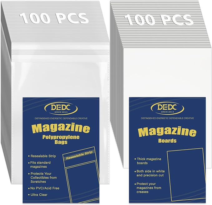 100 Pcs Magazine & Comic Book Protector Sleeves with 100 Backing Boards - Full Archival Set, Acid-Free Plastic Sleeves & Hard Boards for Collectors (23x30cm) by DEDC