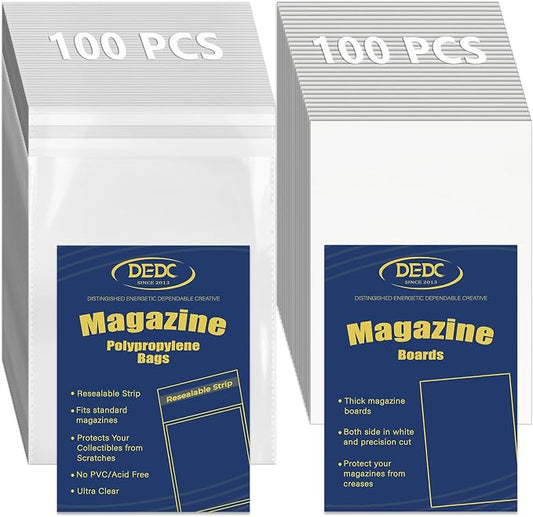 100 Pcs Magazine & Comic Book Protector Sleeves with 100 Backing Boards - Full Archival Set, Acid-Free Plastic Sleeves & Hard Boards for Collectors (23x30cm) by DEDC