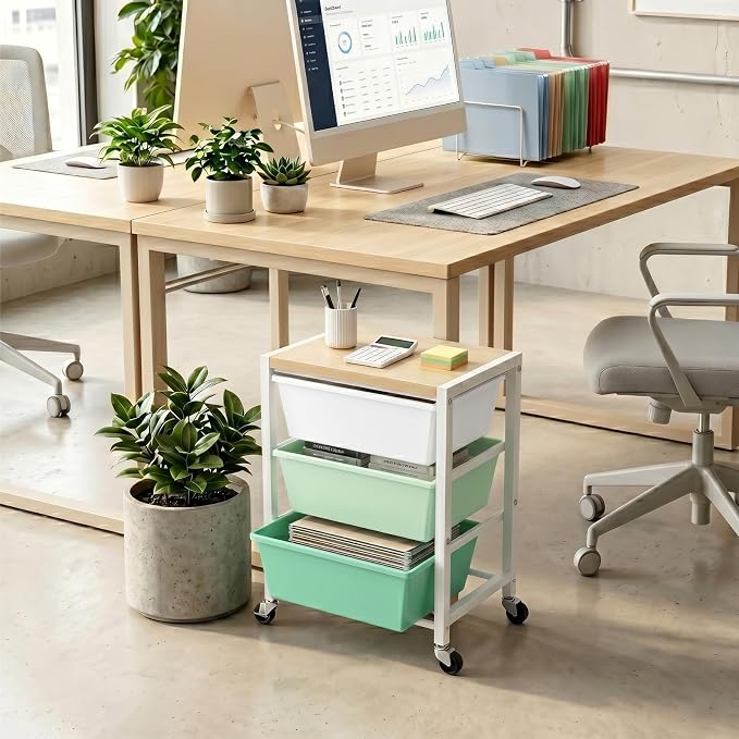 Rolling Cart with 3 Drawers, Plastic Drawer Storage Carts with Lockable Wheels & Wooden Tabletop, Metal Art Craft Utility Cart Organizer for Home Office Bedroom Dorm Bedside Classroom, Bright Green - Image 7