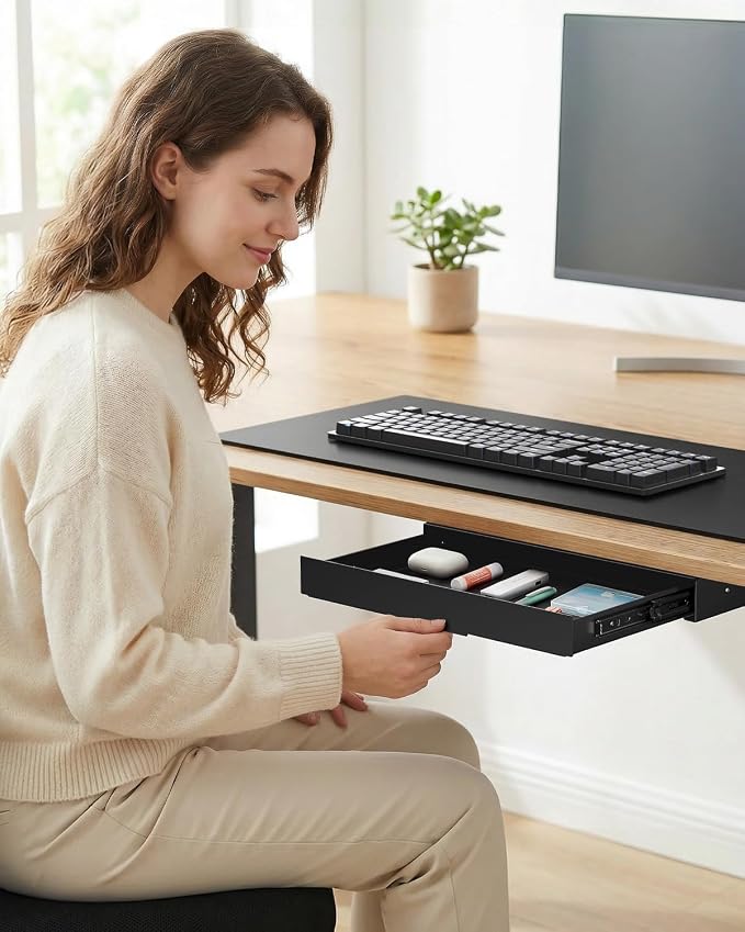 PUTORSEN Under Desk Storage Drawer 14.8" Wide - Smooth Slide Out Organizer for Standing Desk & Home Office, Max Load 17.6 lbs, Quiet Glide, Black - Image 2