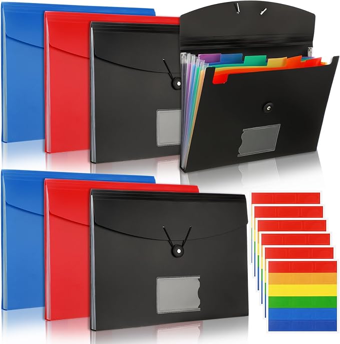 Glenmal 10 Pcs 7 Pocket File Folders File Organizer Expanding Folder with Labels Plastic Pocket A4 Letter Size Paper Organizer for Office Back to School Supplies(Red, Black, Blue) by Glenmal