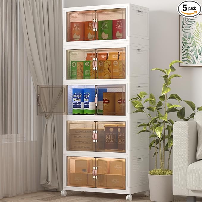 Stackable Storage Bins with Lids, 600QT Closet Organizers and Storage Cabinet with Doors & Wheels, Lockable Plastic Foldable Drawers for Bedroom Dorm Office Garage（120QT*5,White） by UAMFURIDirect