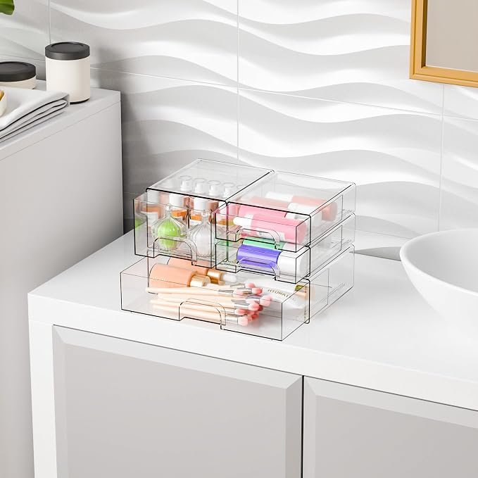 4 Pack Clear Stackable Storage Drawers,Acrylic Drawer Organizer for Medicine,Palettes,Hair Accessories and Makeup Organizer,Plastic Drawers for Cabinet,Office,Desk,Bathroom Storage Containers - Image 6