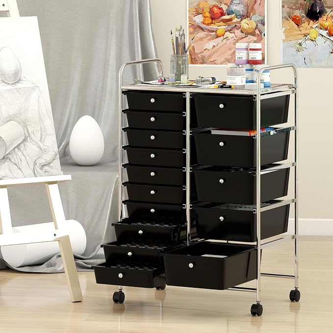 Giantex 15 Drawer Rolling Cart with Drawers, Storage Organizer Cart for Classroom Office School Teacher, Mobile Drawer Cart for Tools, Crafts, Small Printer, Black - Image 2