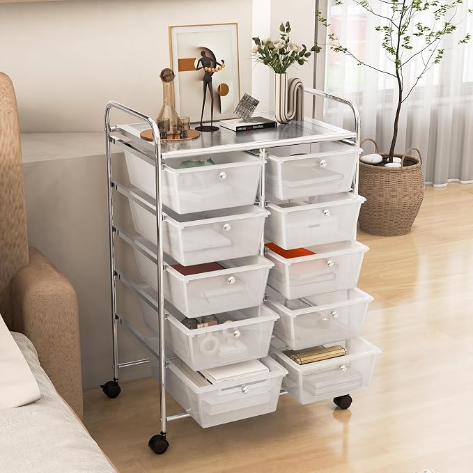 COSTWAY 10 Drawer Rolling Storage Cart, Utility Cart with Lockable Wheels | Mobile Art Supply Craft Organizer with Metal Frame, Multipurpose Drawer Cart for Paper for Office, School, Transparent - Image 8