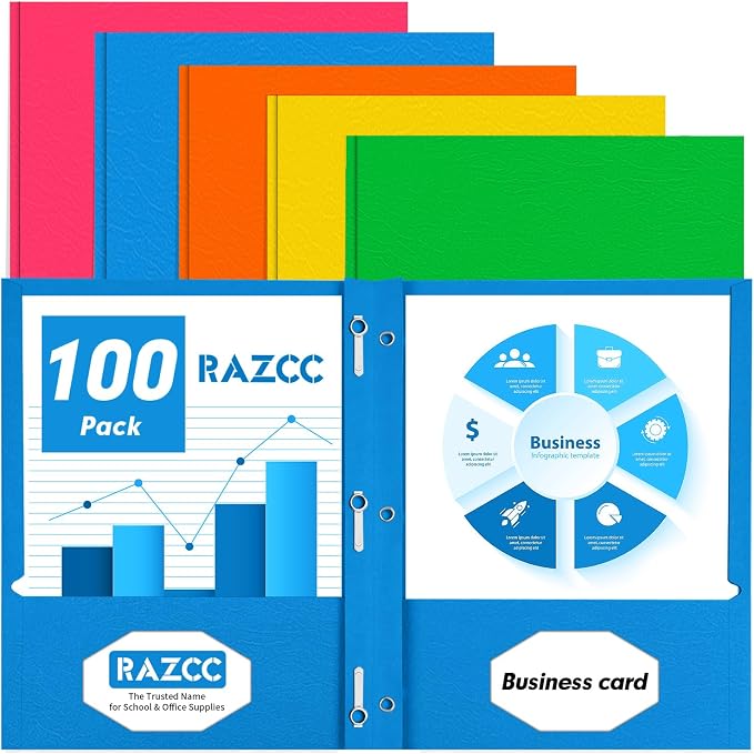Two Pocket Folders, RAZCC 100 Pack Two Pocket with Prongs, 3 Prong Folders Fit Letter Size Paper, Pocket Paper File Folders for School Office Home Business, Assorted 5 Colors by RAZCC